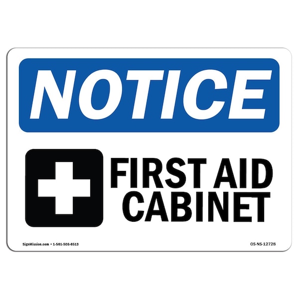 Safety Sign, OSHA Notice, 3.5" Height, First Aid Cabinet Sign With Symbol, Landscape, 10PK